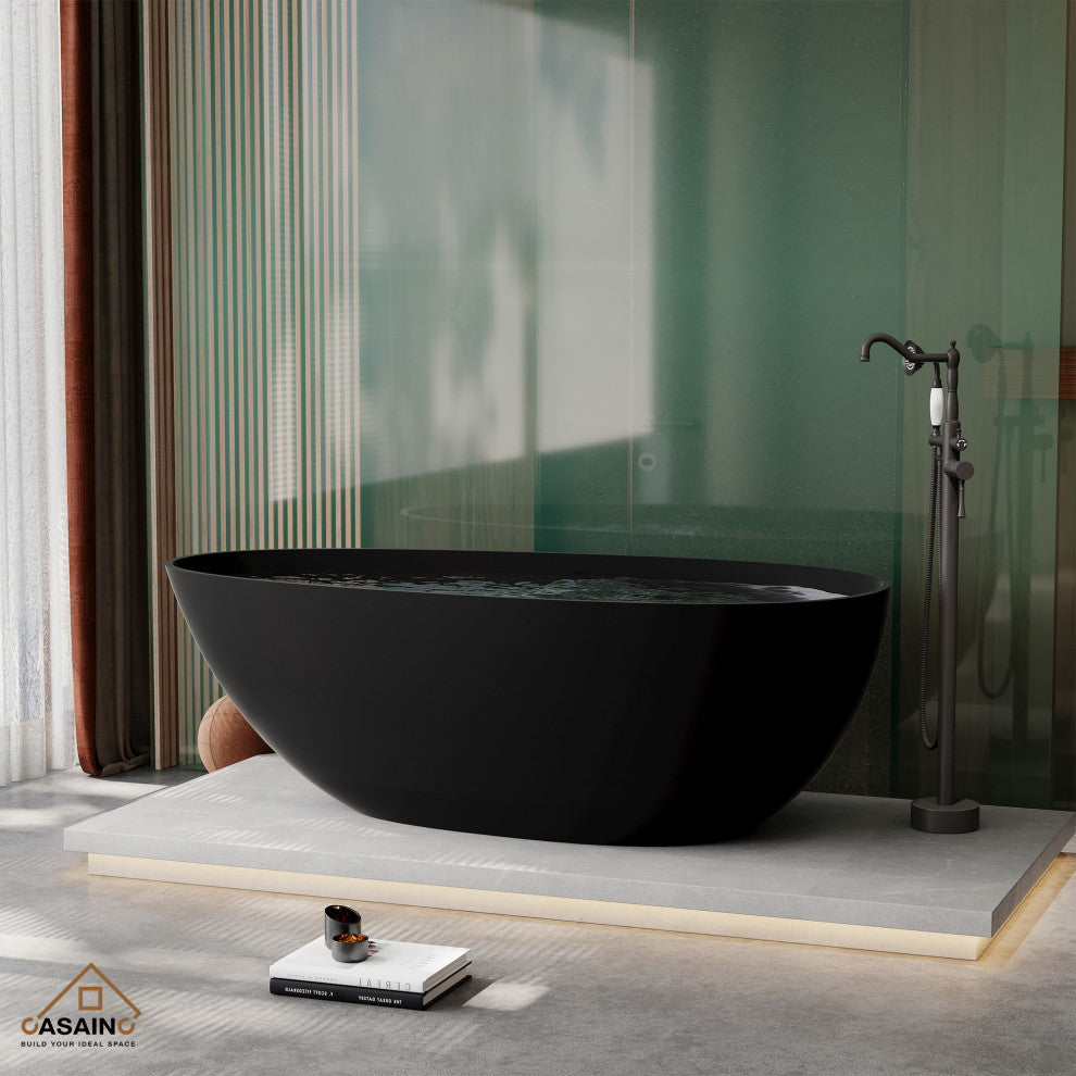 67in Solid Surface Freestanding Bathtub in Matte Black, Matte Black