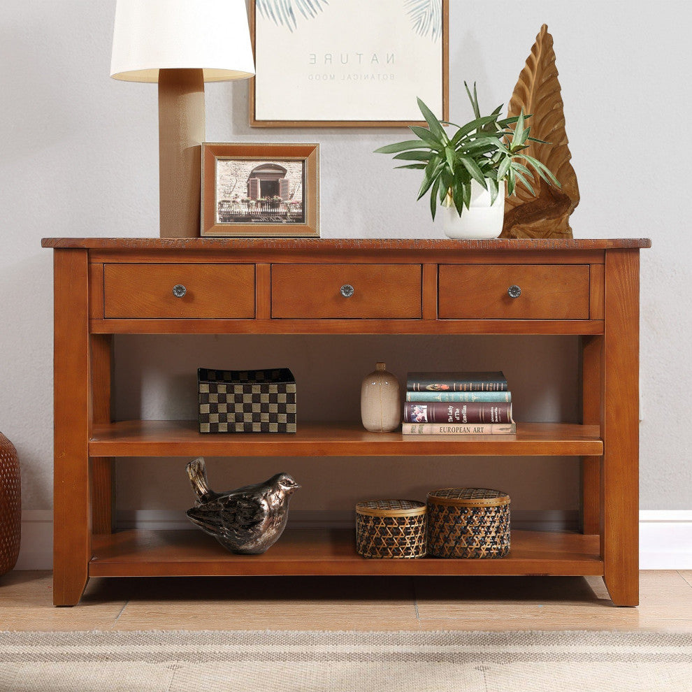 TATEUS 48" Solid Pine Wood Console Table with Storage Drawers, Brown