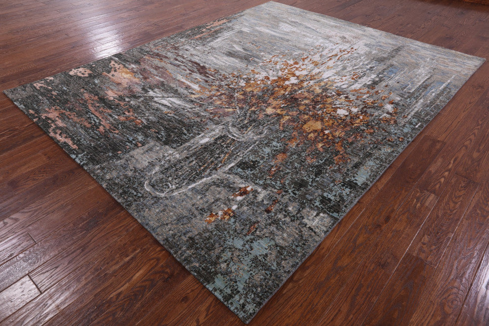 8' 1" X 10' 4" Modern Branches, a Vase Design Handmade Wool and Silk Rug Q8553