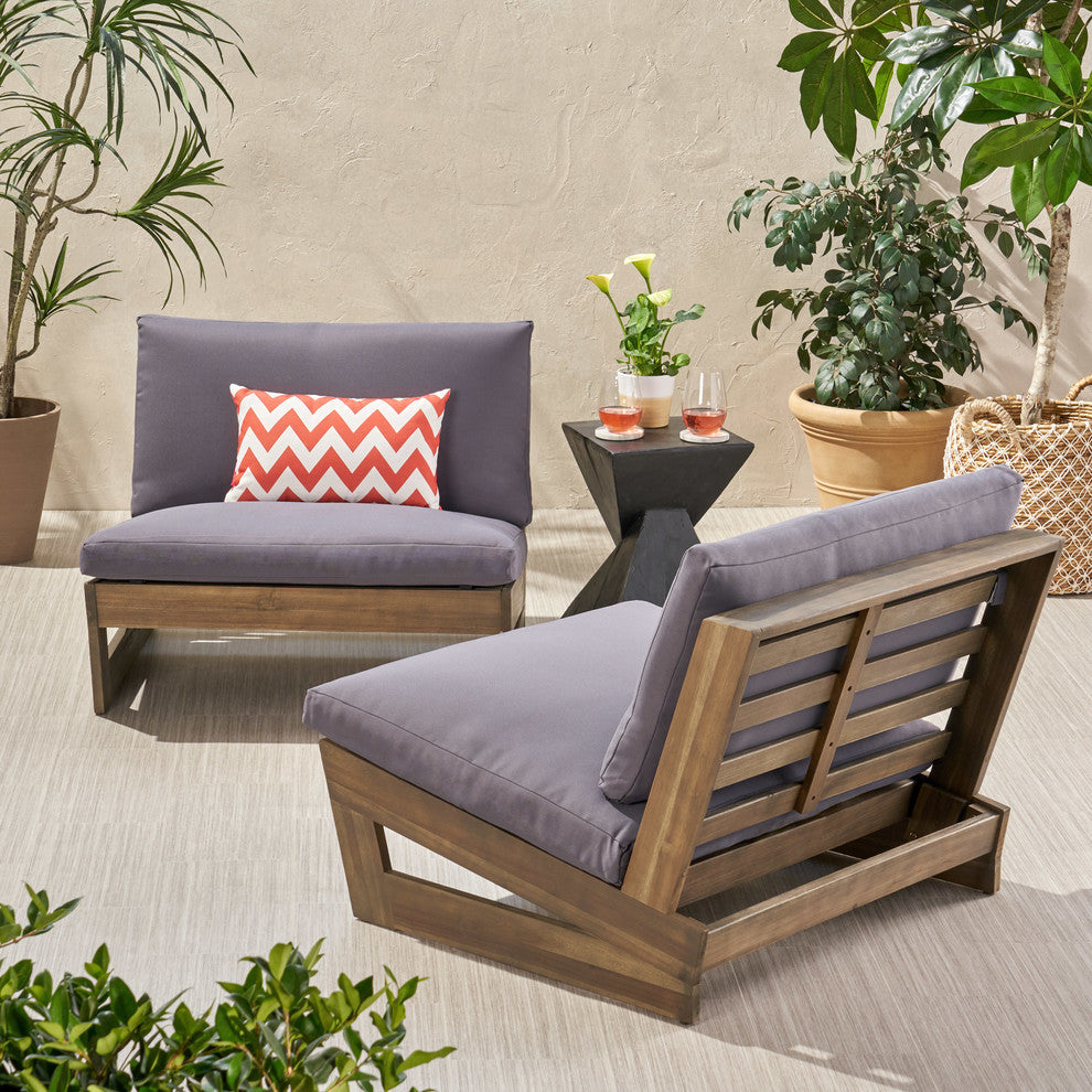 Emma Outdoor Acacia Wood Club Chairs With Cushions, Set of 2, Gray