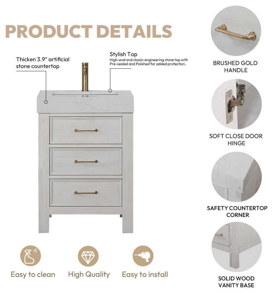 Leon Bath Vanity With Composite Stone Top, Washed White, 24", No Mirror