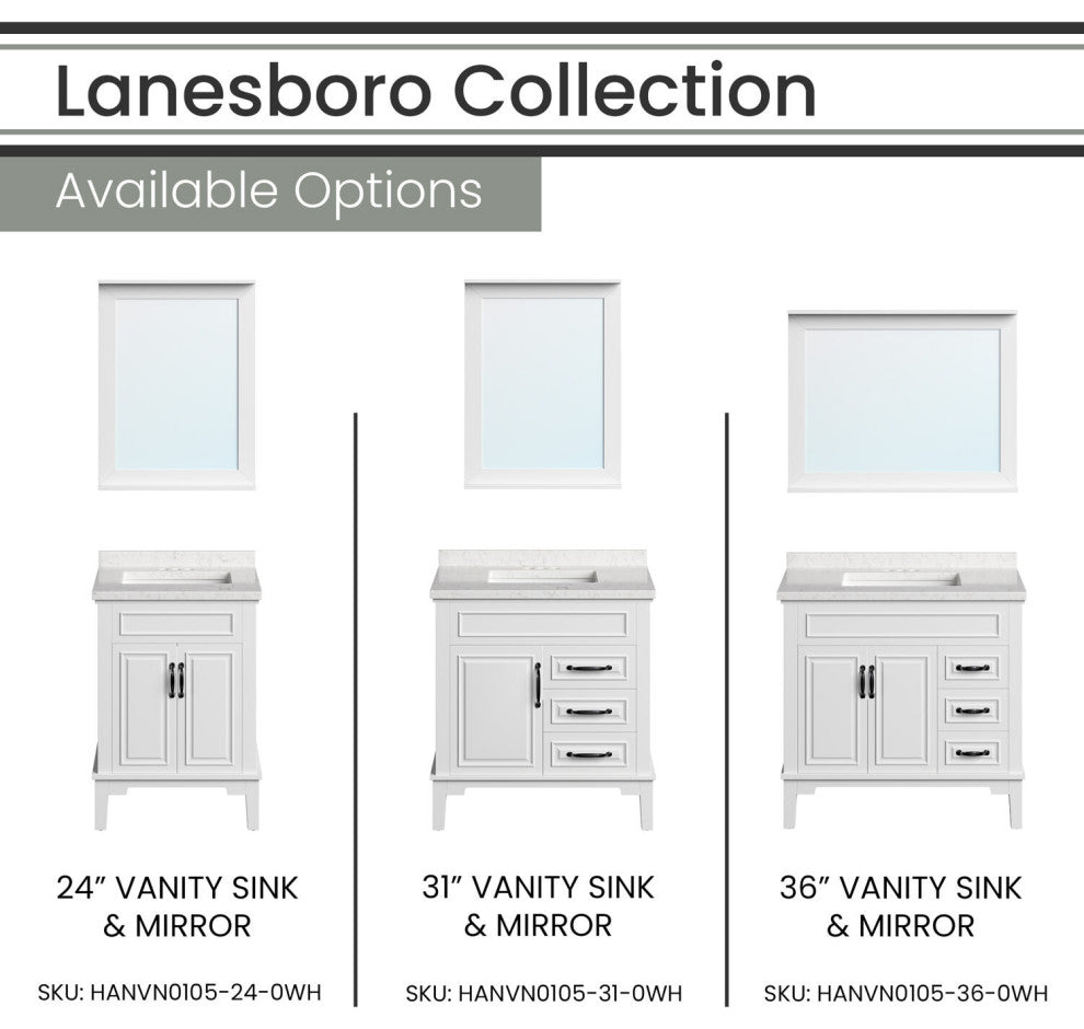 Lanesboro 24" Bathroom Vanity, Sink, Top, 2 Doors, Accent Mirror, White
