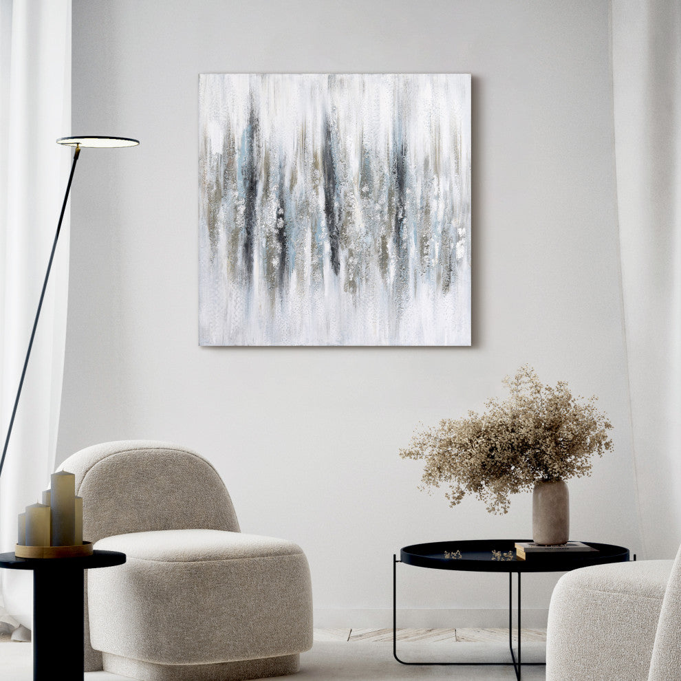 Silver Echoes Textured Hand Painted Canvas Wall Art with Silver Glitter and Leaf