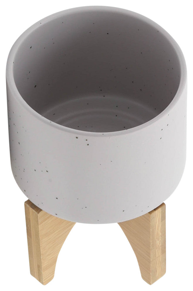 5" Planter With Wood Stand, Matte Beige