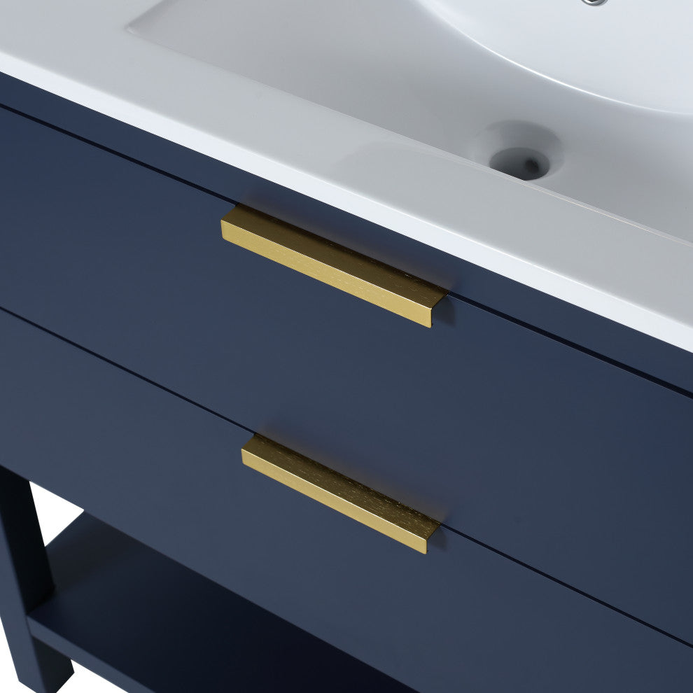 36 inch Plywood Freestanding Bathroom Vanity Set with Ceramic White Sink, Navy Blue