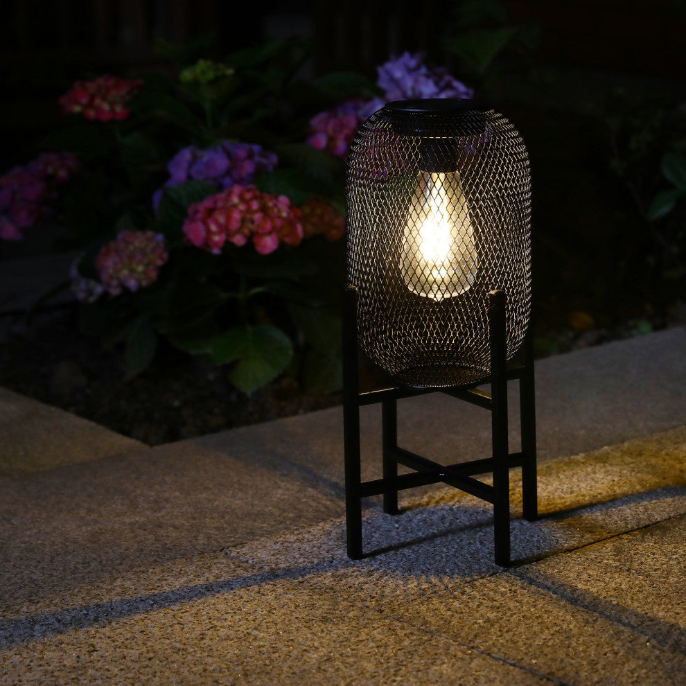14.25"H Metal Mesh Black Solar Powered Outdoor Lantern With Stand
