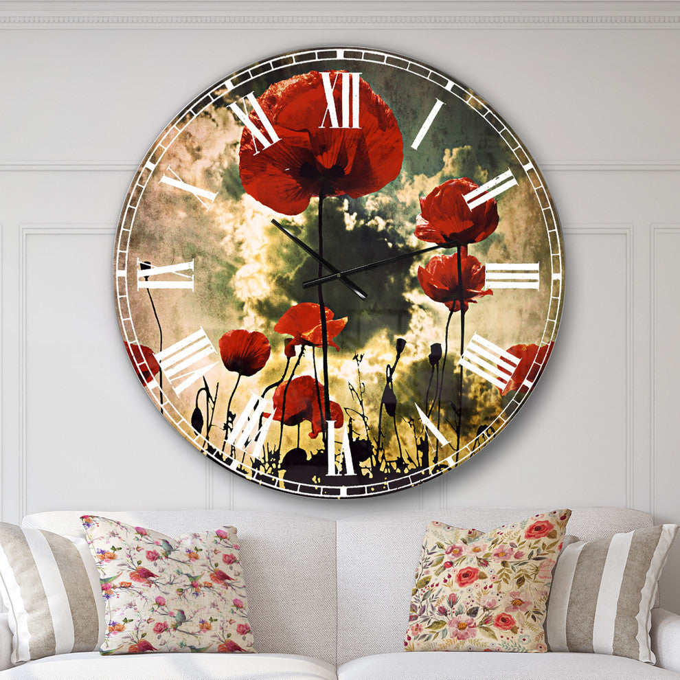Poppies On Thunderstorm Background Floral Metal Clock, 36x36