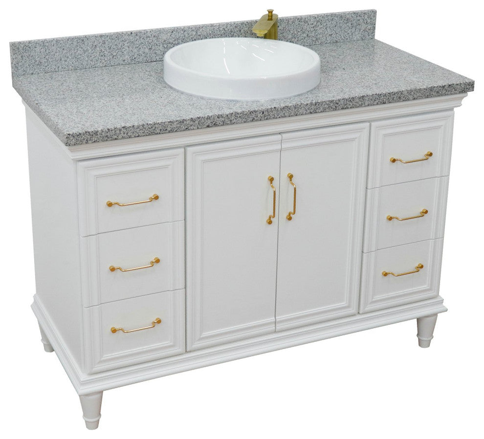 49" Single Sink Vanity, White Finish With Gray Granite and Round Sink