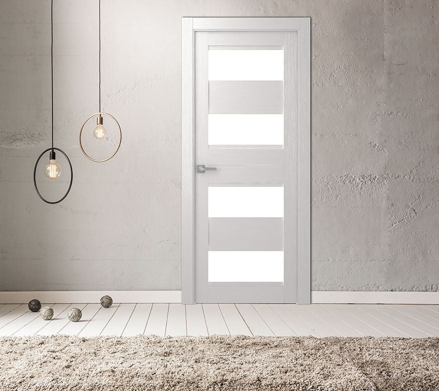 Della Bianco Noble with Concealed Hinges, Tempered Frosted Glass, Solid Core, 32" X 80", Left-Hand