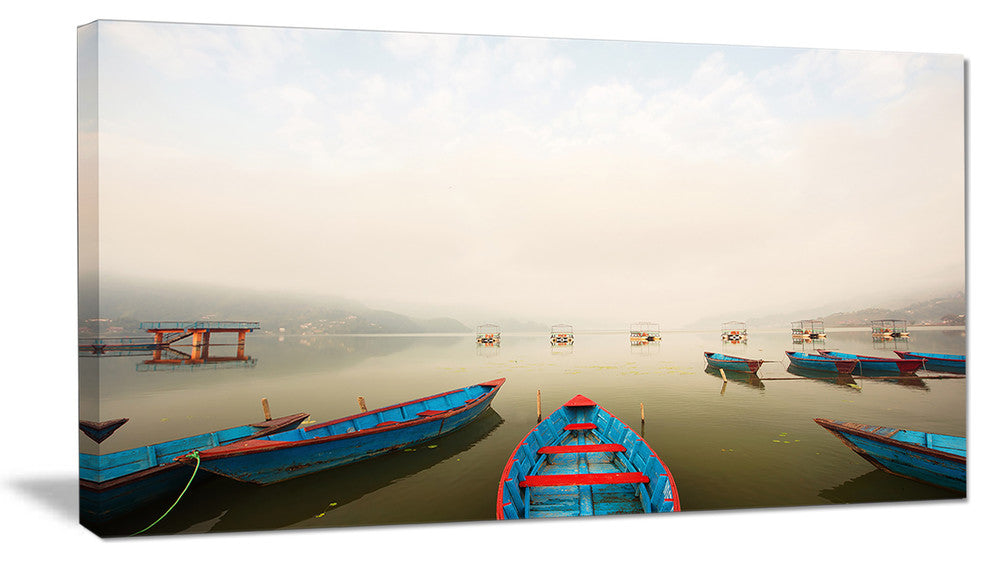 Moving Boats in Mountain Lake, Boat Canvas Art Print, 32"x16"
