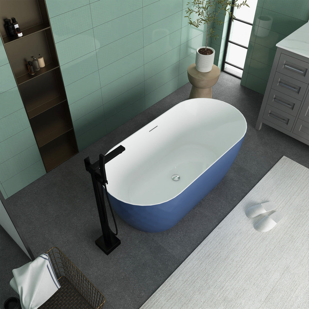 59 Inches Acrylic Freestanding Flatbottom Soaking Bathtub, Drain, Matte Blue