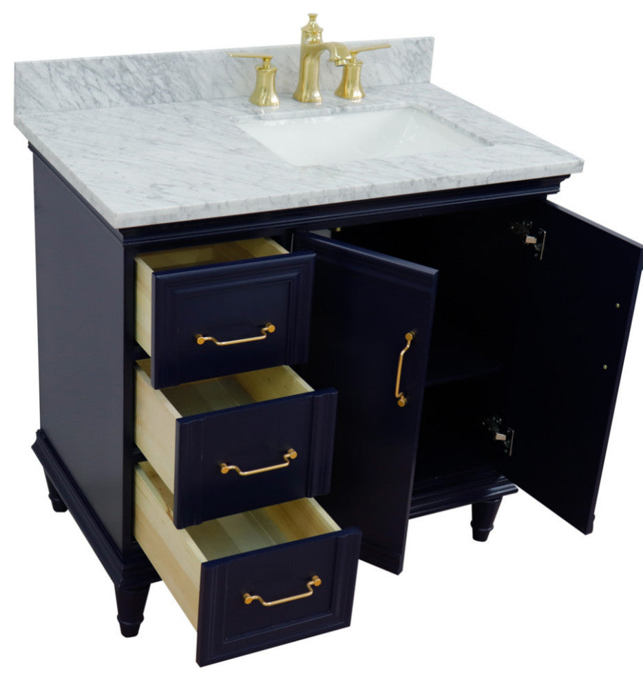 37" Single Vanity, Blue Finish With White Carrara