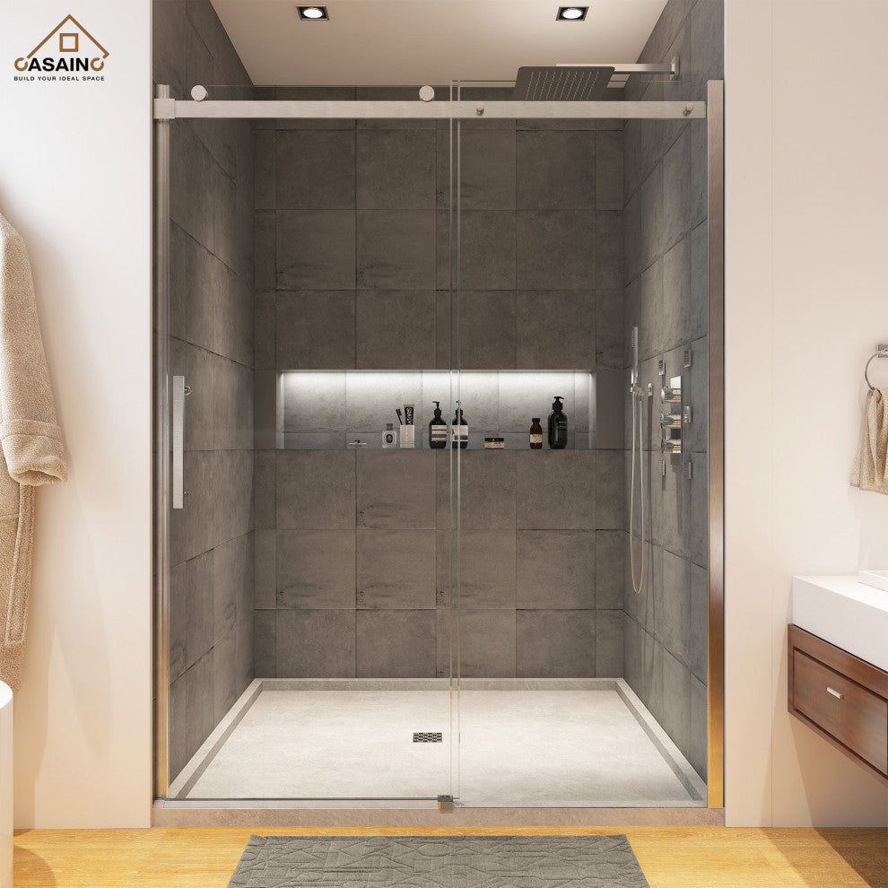 48-in x 76-in Frameless Sliding Shower Door, Brushed Nickel