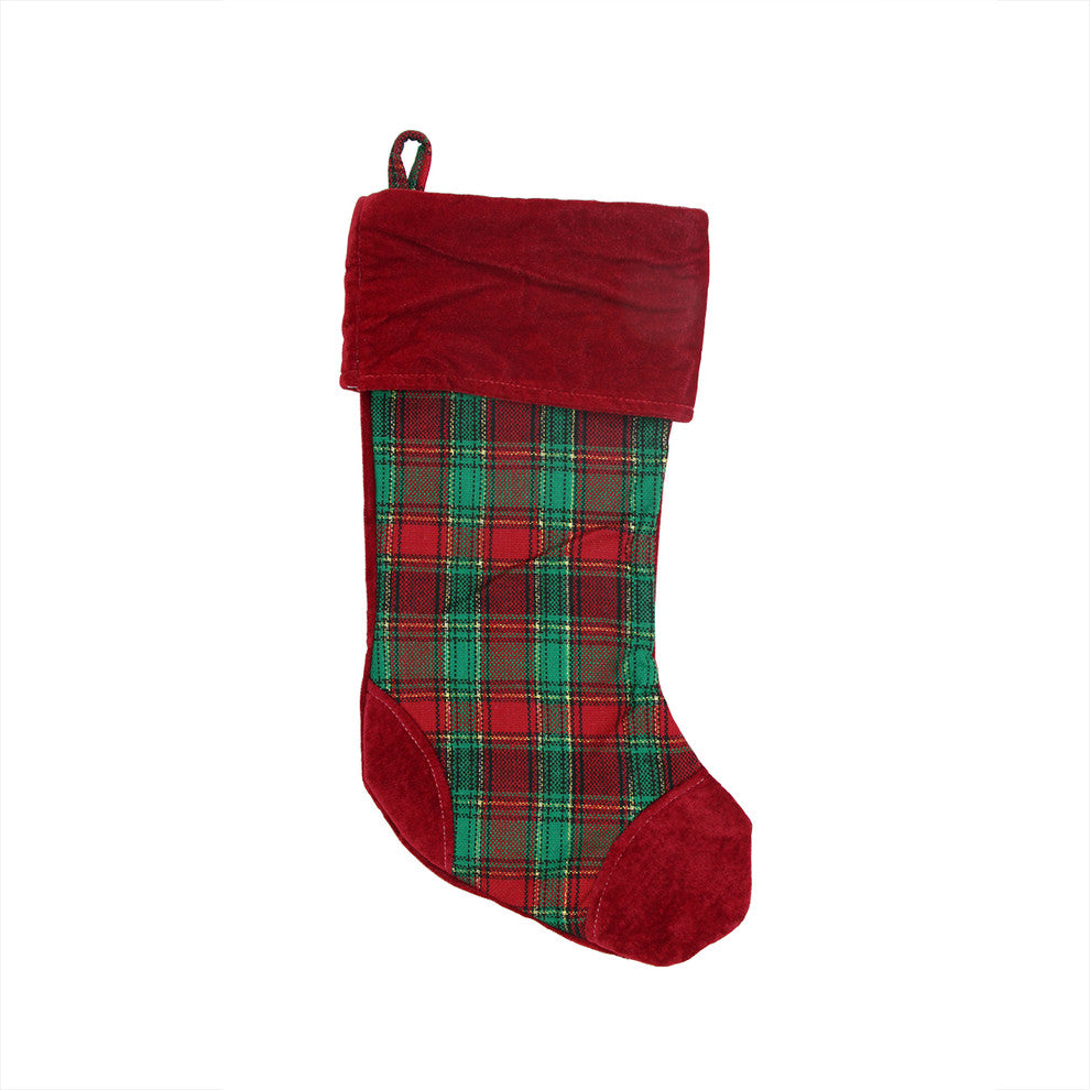 Christmas Traditions and Gold Woven Plaid and Velvet Stocking, Red Green, 19"