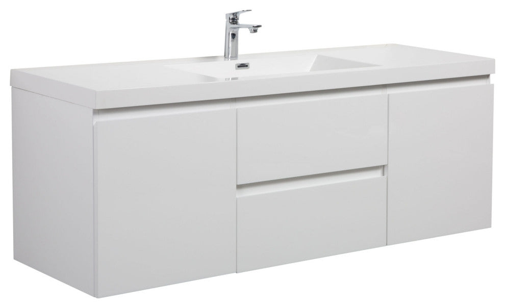 Aurora Wall Mount Vanity, White Acrylic Top, Glossy Polar White, 60"