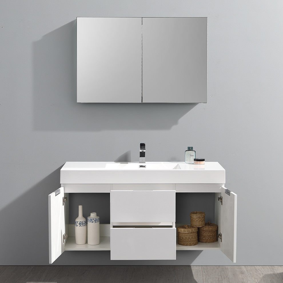 Valencia 48" Glossy White Wall Hung Vanity Set, Cabinet, Faucet FFT3071BN