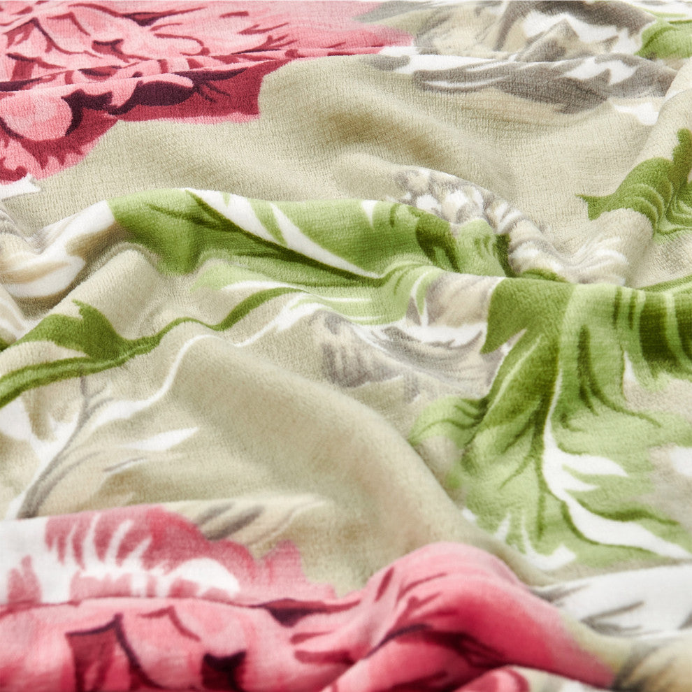 Floral Printed Flannel Throw, Geranium Red