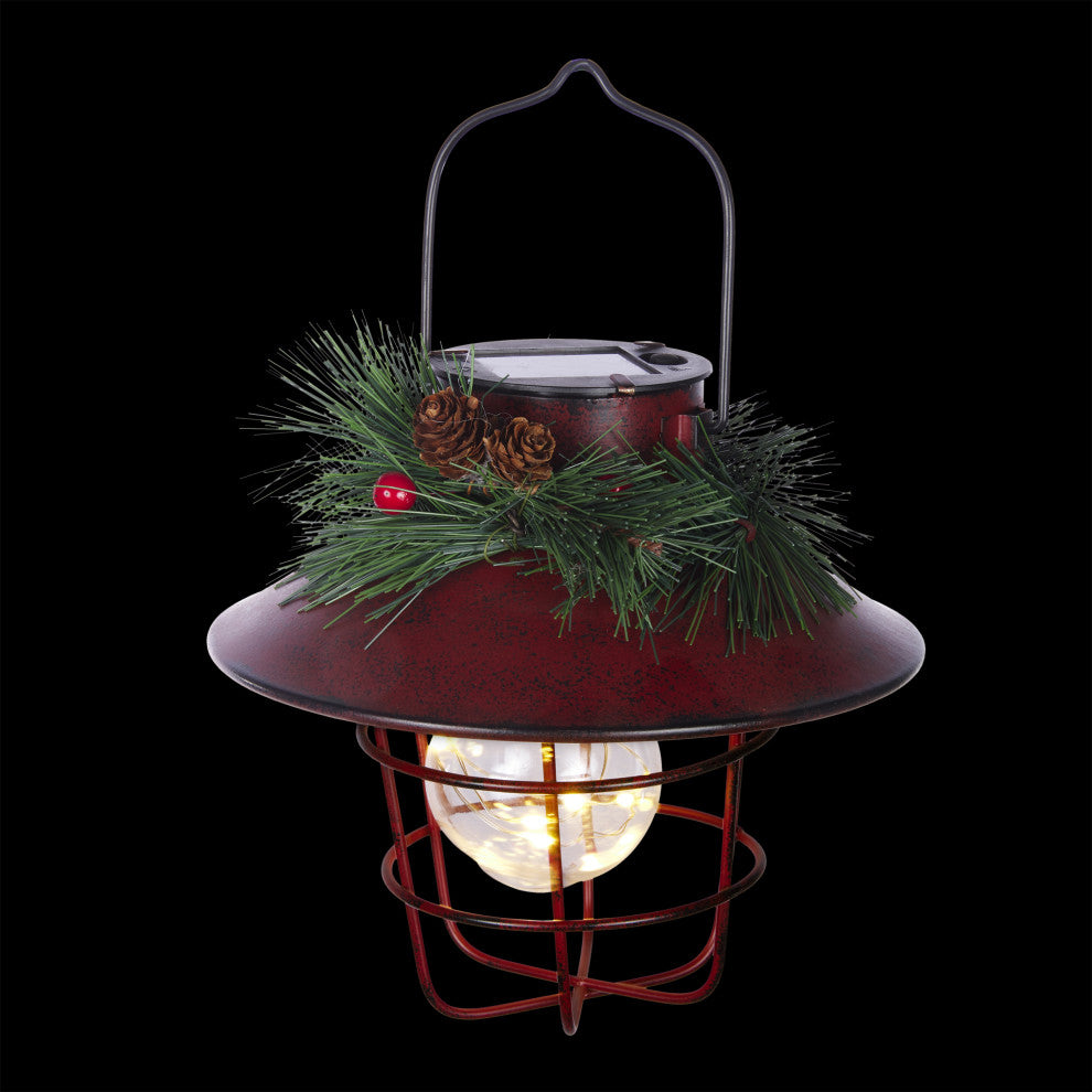 Metal Lantern w/ Shepherd's Hook and Warm White LED, Red