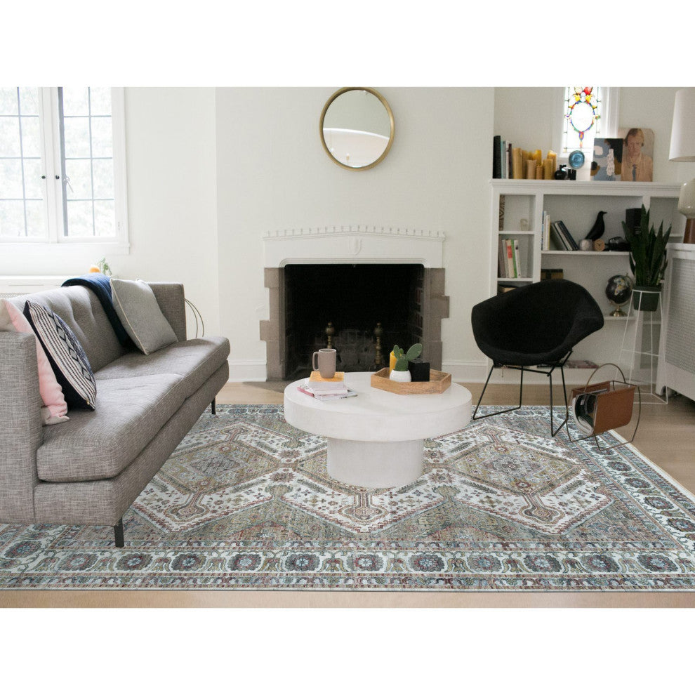Vista White Unique Flower Rosettes Border Hand Knotted Oriental Rug 8'10"x11'10"