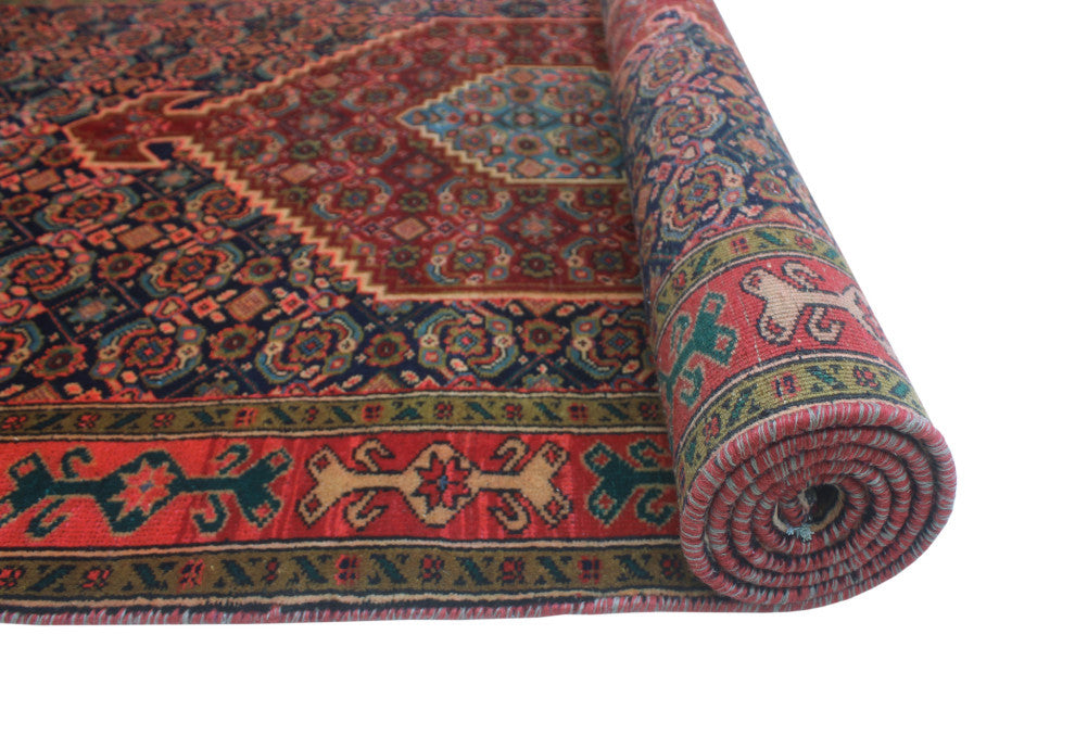 Fine Vintage Distressed Kirman Burgundy/Navy Runner, 4'3x9'3