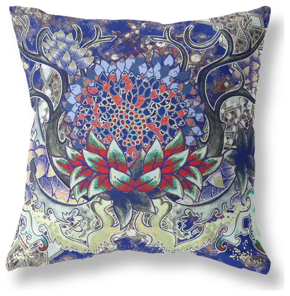 16" Blue Red Flower Bloom Suede Throw Pillow