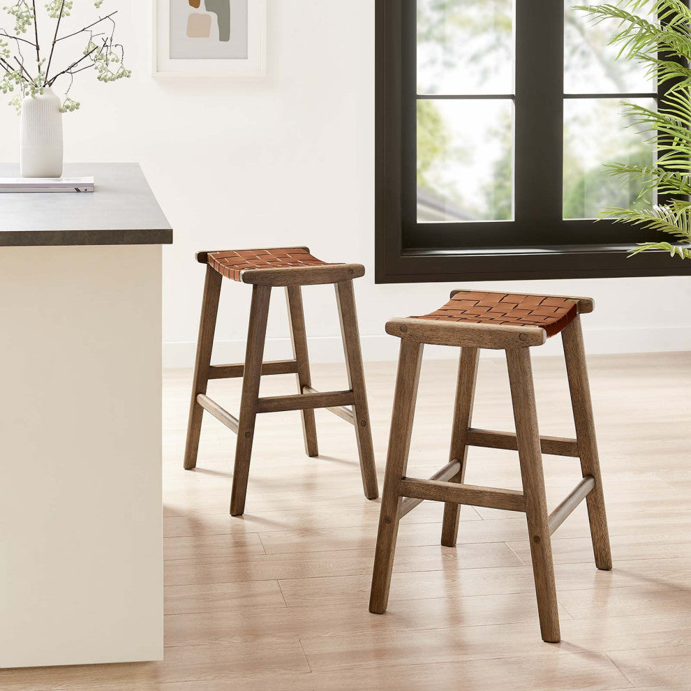 Saoirse Faux Leather Wood Counter Stool - Set of 2 - Walnut Brown