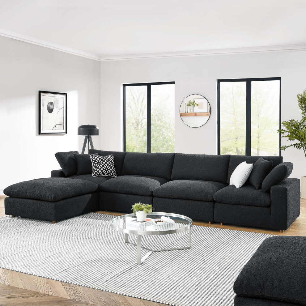 Commix Down Filled Overstuffed Boucle Fabric 5-Piece Sectional Sofa, Black
