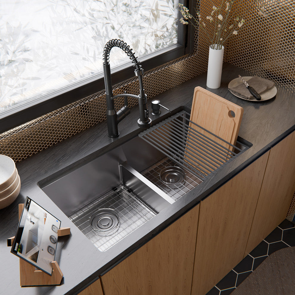 Karran Undermount 33-in Stainless Steel Double Bowl Workstation Kitchen Sink