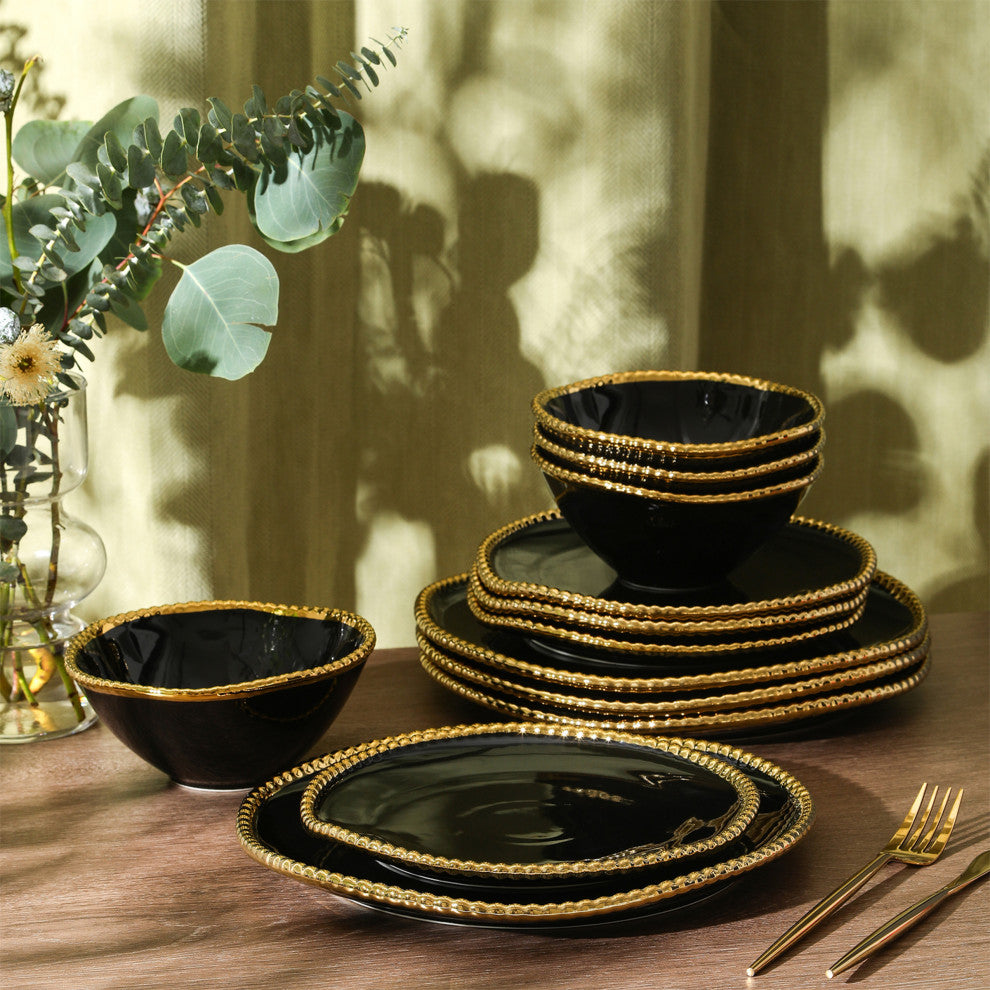 Christian Siriano Akoya Porcelain 12-Piece Dinnerware Set, Black