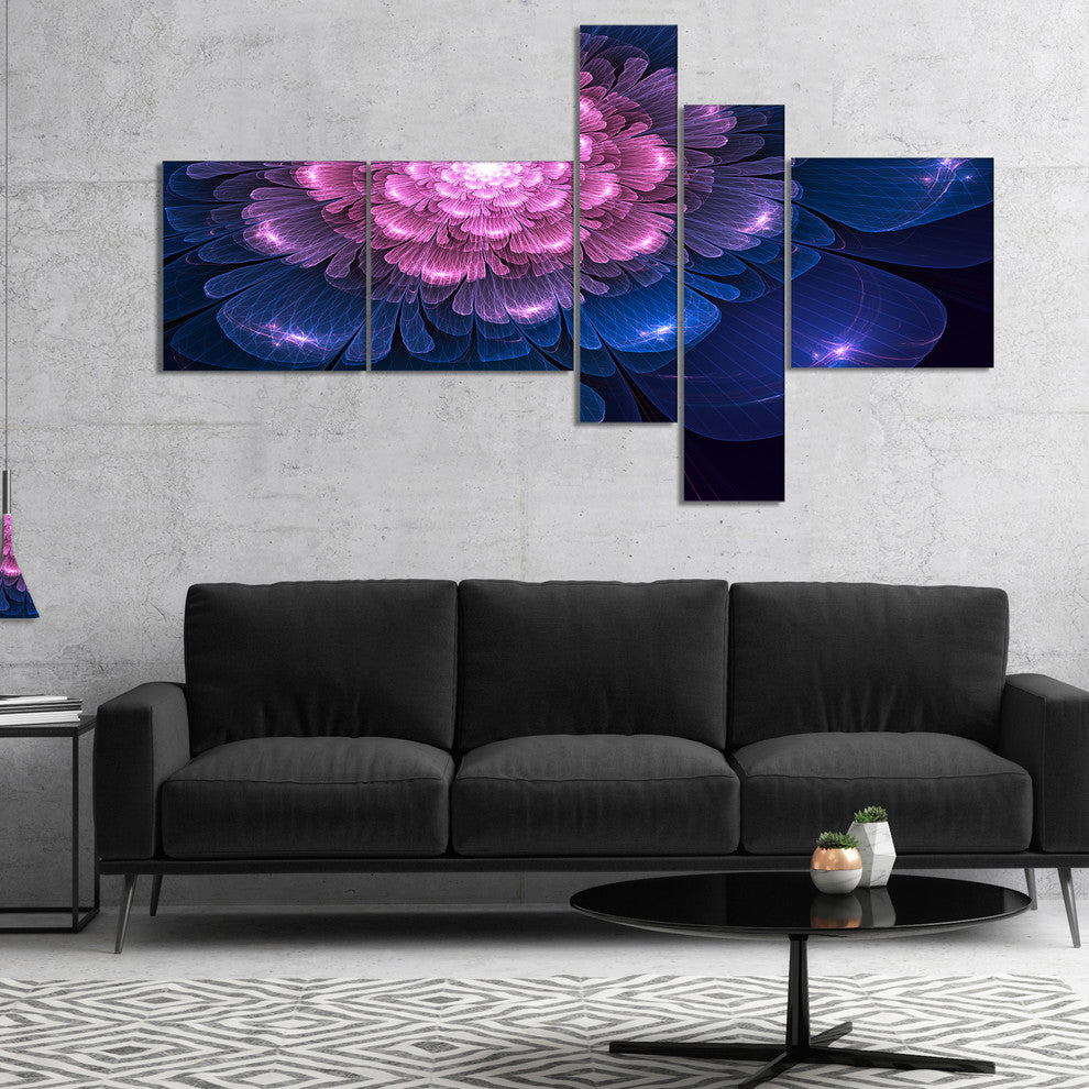 Fractal Flower Pink and Blue, Floral Art Canvas Print, 60"x32", 5 panels