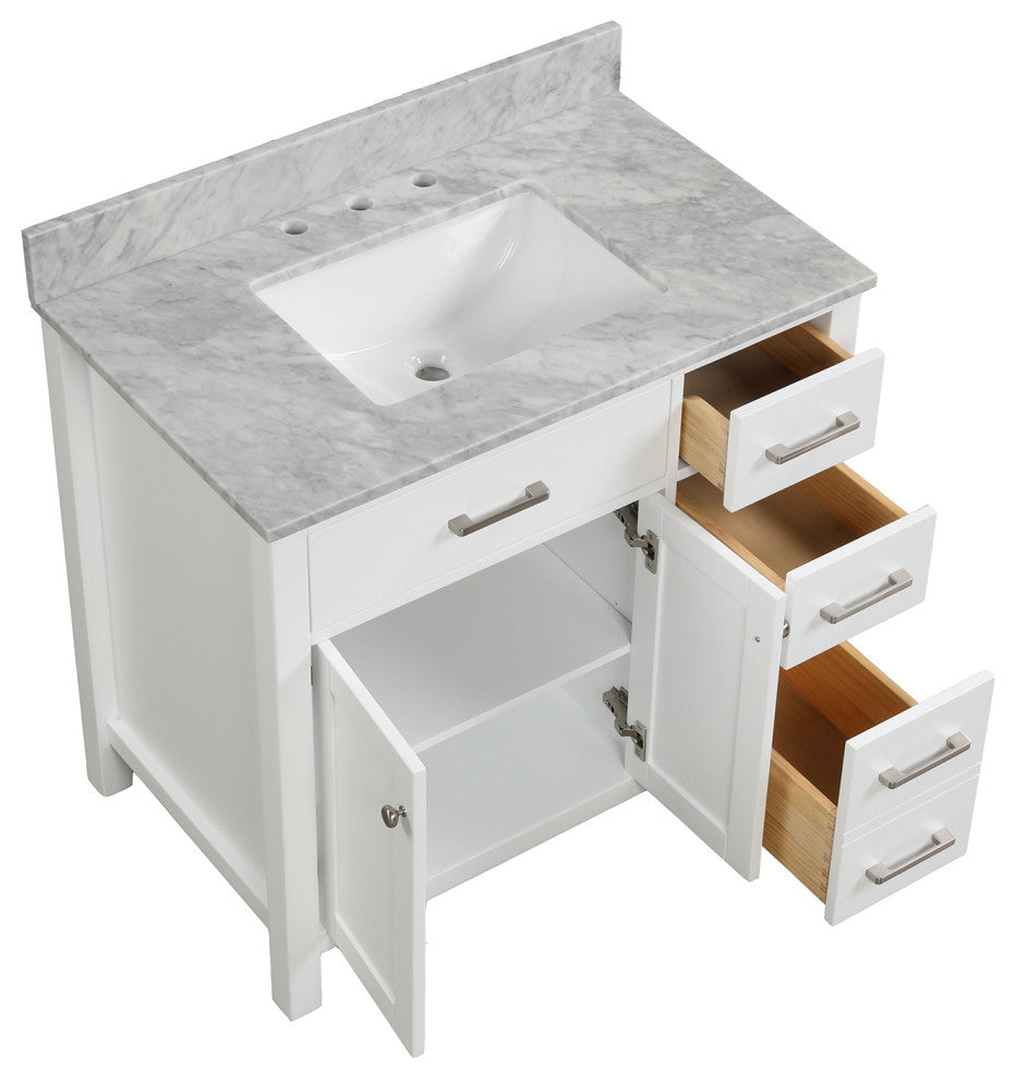 36" W x 22" D x 33" H Bath Vanity, White With Carrara White Marble
