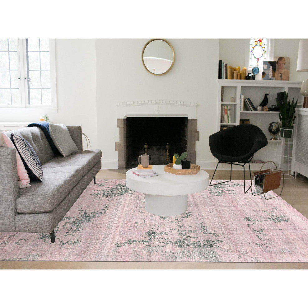 Pink and Gray, Hand Knotted Erased Persian Design, Pure Silk Rug, 8'9"x12'2"