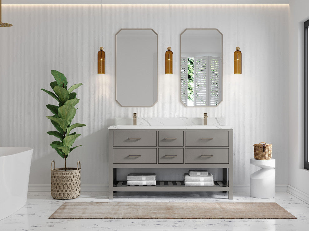 Parker 60 Double Sink Bathroom Vanity in Elephant Skin Gray  1.5" Calacatta Laza