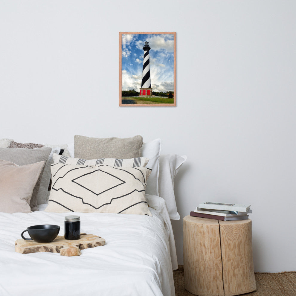 Cape Hatteras Lighthouse Coastal Landscape Framed Photo Paper Wall Art Prints, Red Oak, 18" X 24"