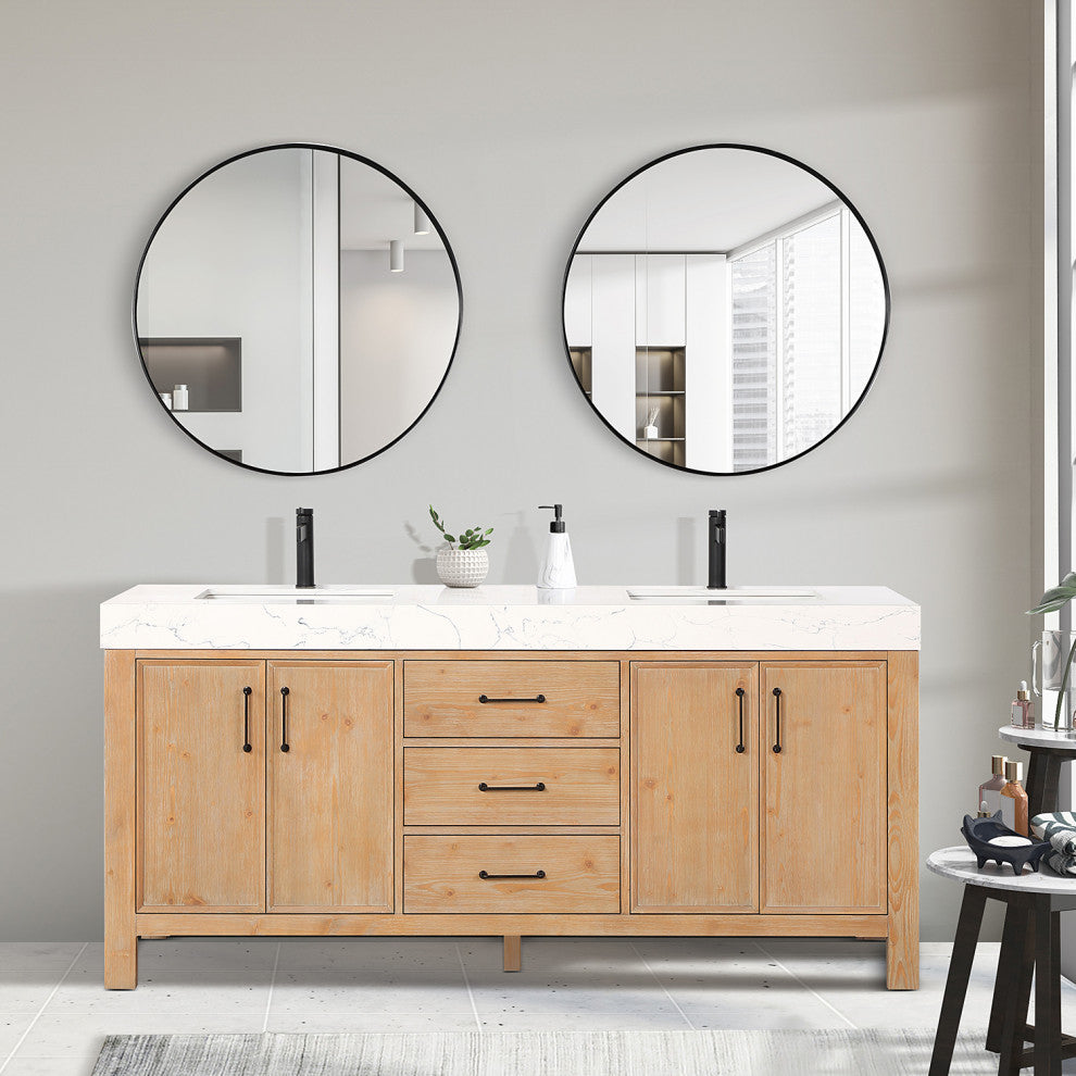 Leon Bath Vanity With Composite Stone Top, Fir Wood Brown, 72", With Mirror