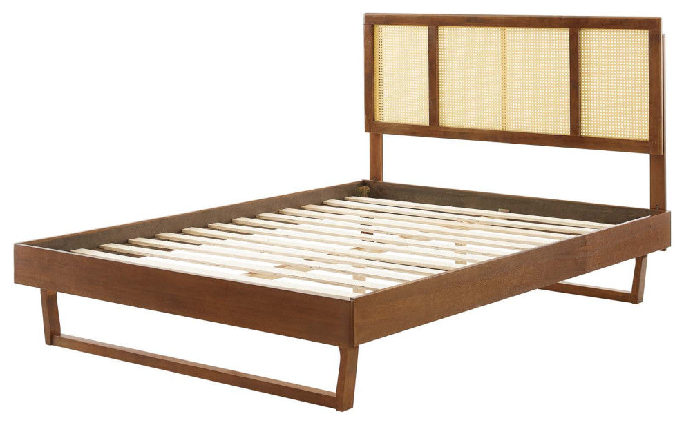 Platform Bed Frame, King Size, Wood, Brown Walnut, Modern Mid-Century, Bedroom