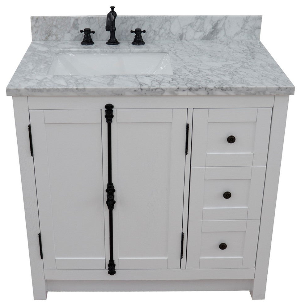 37" Vanity, Glacier Ash With White Carrara Top, Left Doors/Left Rectangle Sink
