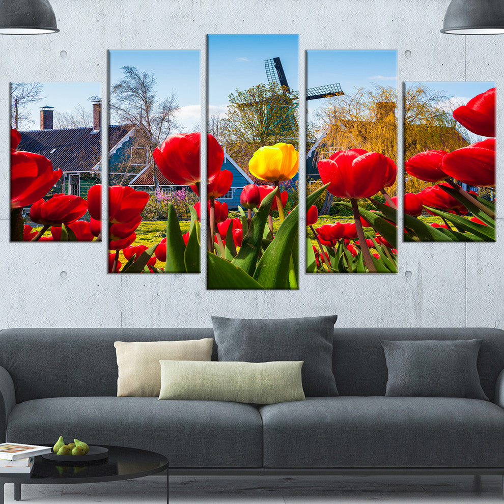 Tulips in the Netherlands Village, Large Floral Canvas Print, 60"x32", 5 Panels