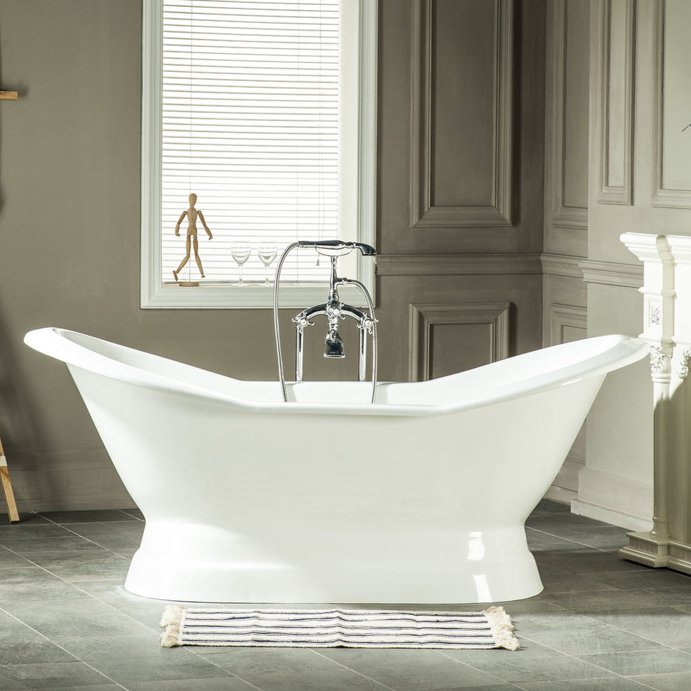 72" Cast Iron Double Slipper Pedestal Tub No Faucet Drillings, White