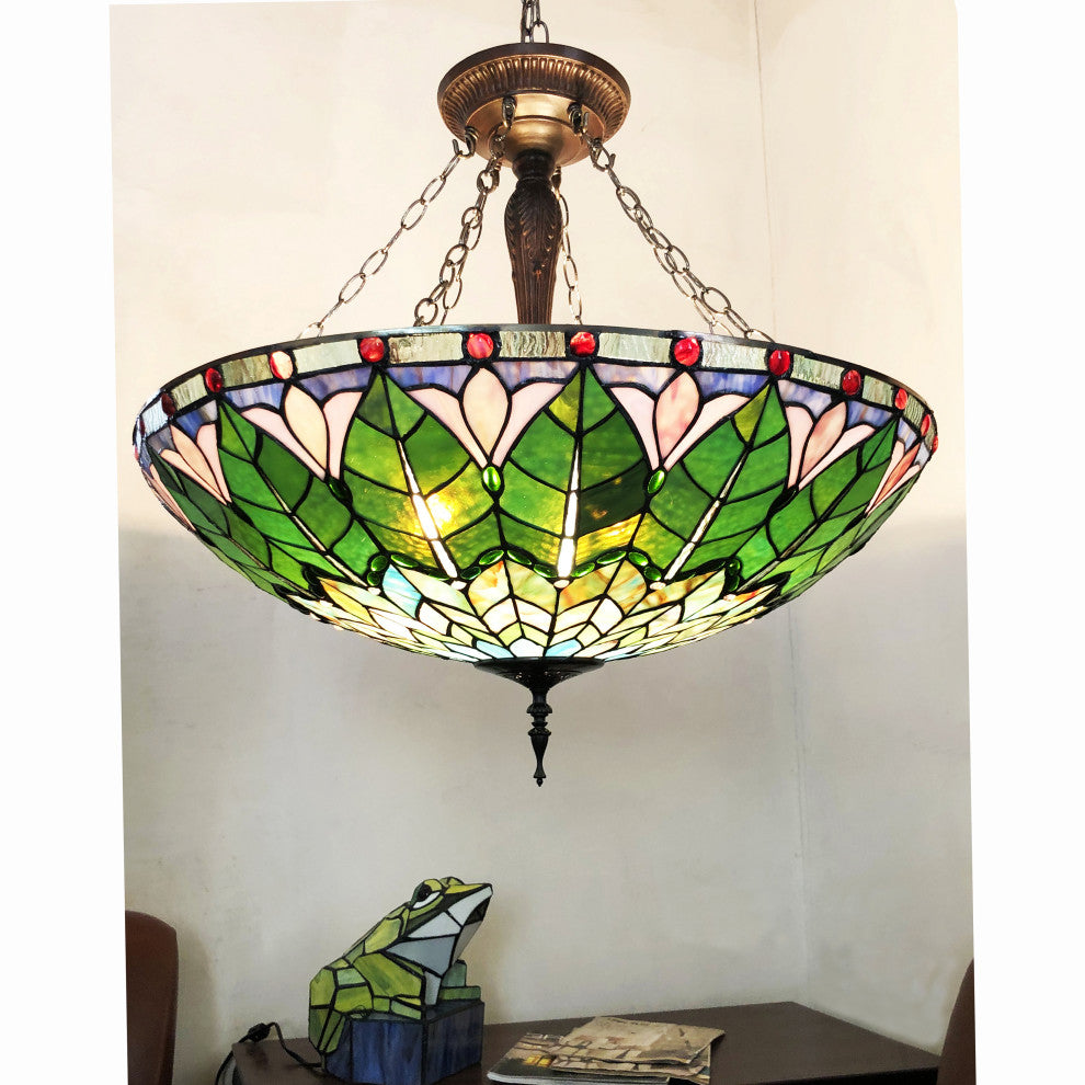 LOTUS Tiffany-Style Geometric Stained Glass Inverted Ceiling Pendant, 28"