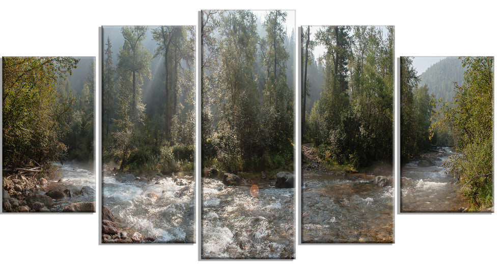 Mountain River Panorama, Landscape Canvas Art Print, 60"x32", 5 Panels
