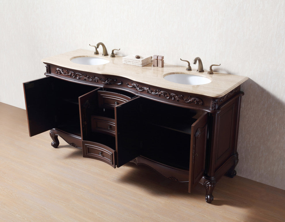 Cassandra 72" Dark Cherry Double Sink Bathroom Vanity, Travertine Marble Top