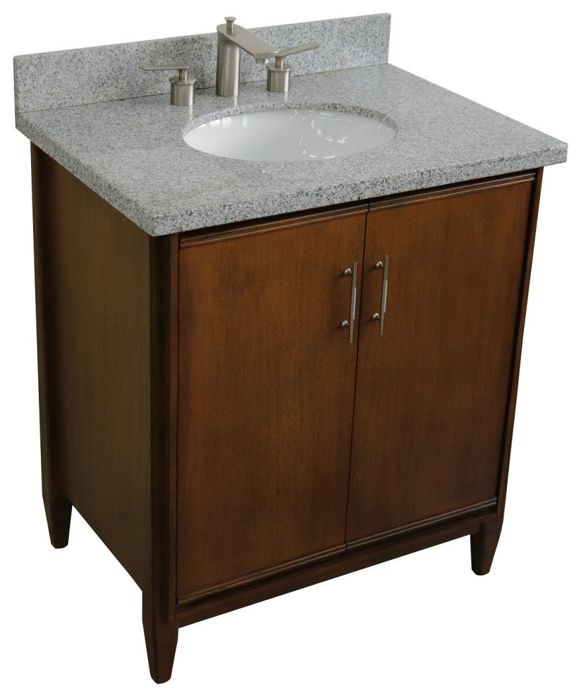 31" Single Sink Vanity, Walnut Finish, Gray Granite With Oval Sink