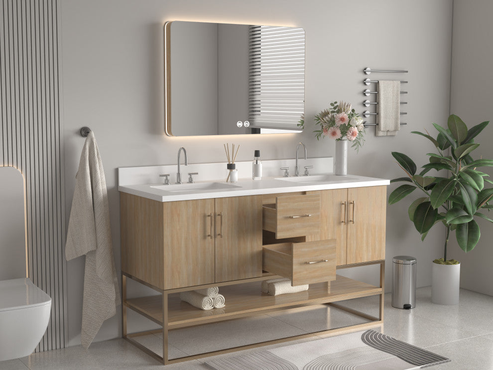 Light Oak Lima Bathroom Vanity With Open Shelf & Gold Leg Base, 60" Double Sink