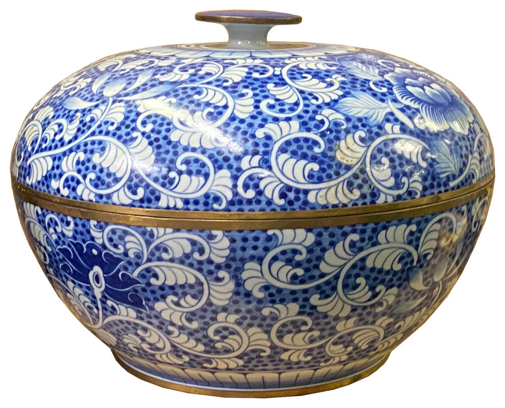 Vintage Blue White Porcelain Floral Pattern Accent Round Box Display Hws1998