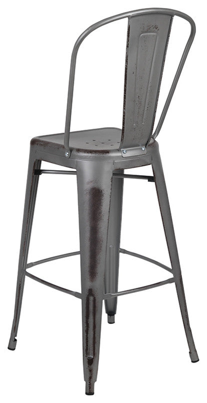 Commercial 30"High Distressed Silver Gray Metal Indoor-Outdoor Barstool, Back