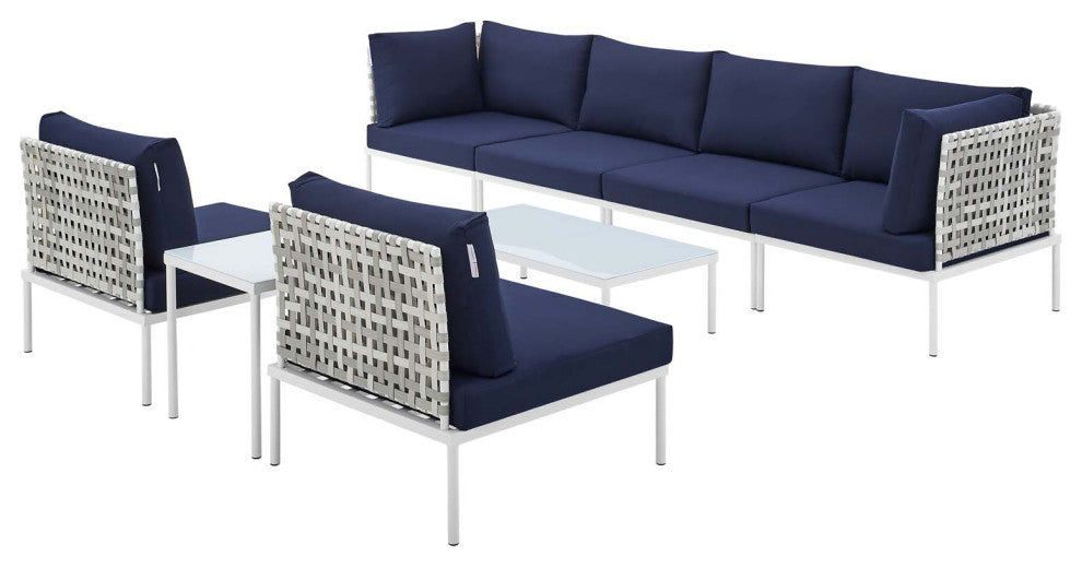 Lounge Sectional Sofa Chair Table Set, Sunbrella, Aluminum, Blue Navy, Outdoor