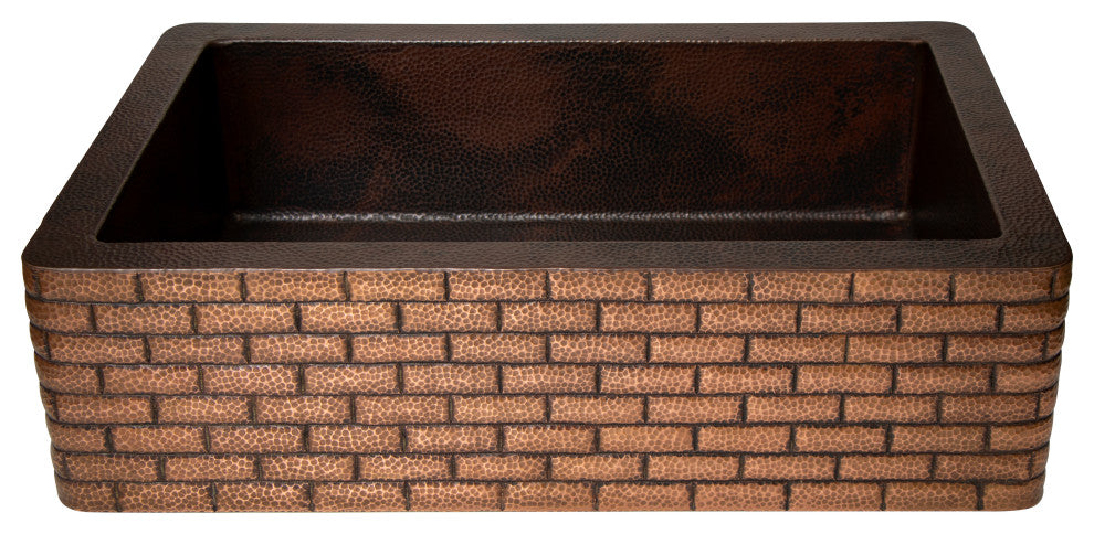 33" Farmhouse One Bowl Bricks Apron Hammered Copper Kitchen Sink, 16 Gauge