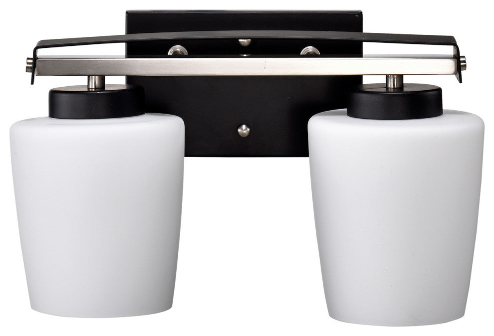 2-Light Black and Brushed Nickel Finish Vanity Light Etched White Glass Shade