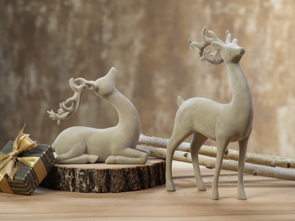 Flocked Sitting Deer Figurine Statue, Natural